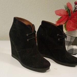 Nine West Black Suede Lace-Up Wedge Ankle Boots